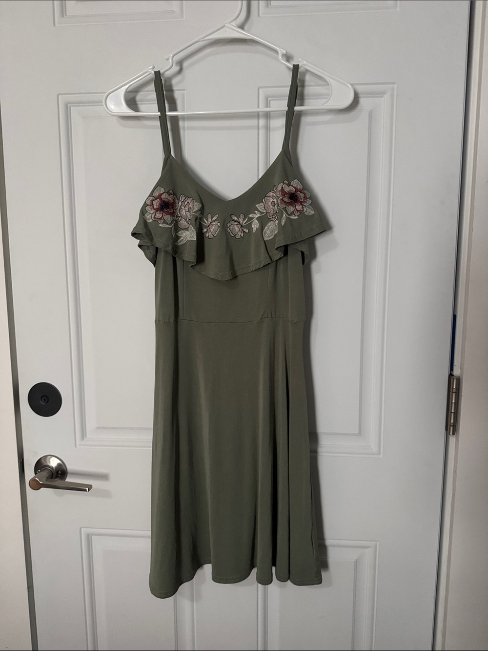 Alya Olive Green Embroidered Floral Ruffle Mini Dress